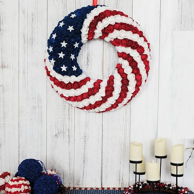 18Inch Patriotic Roses Wreath, 4th of July Summer Soft Touch Foam Roses Wreath for The Front Door, Handcrafted Memorial Day Artificial Flowers for Indoor and Outdoor
