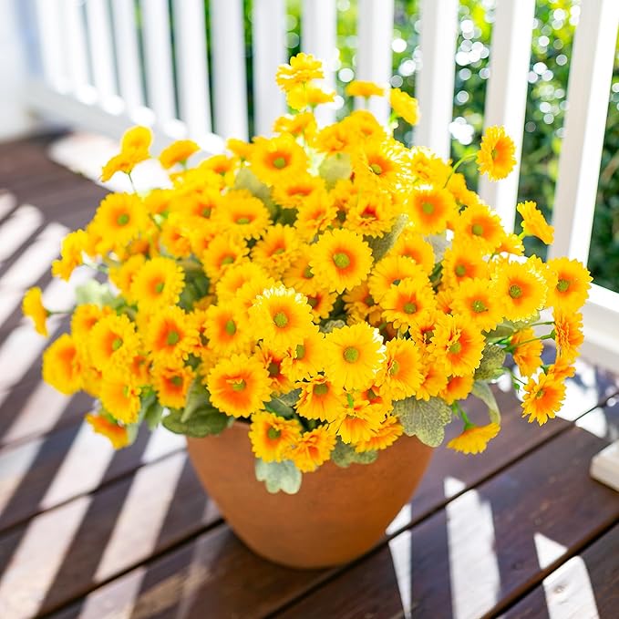 HyeFlora Dahlia Spring Artificial Flowers for Outdoors Fake Plants, 6 Bundles Outside Silk Daisy Realistic UV Resistant Faux Flowers for Outdoor Planters Porch Patio Yard Garden Home Decor, Yellow