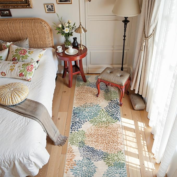 Dahlia Floral Washable Runner Rug for Hallway,2x6 Boho Multicolored Kitchen Runner Rug, Non Slip Fall Low Pile Carpet Runners for Hallway 6ft Bedroom Entryway Laundry,Multi