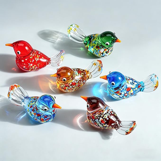 HDCRYSTALGIFTS 6pcs Hand Blown Glass Bird Figurines 1.9'' Mini Animal Statues Decorative Miniature Birds Collectibles for Home Table Decor Unique Birthday for Mom Women