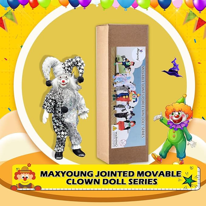 Maxyoung 9 Inch Porcelain Clown Doll Vintage Dolls Figurine, Collectible Figure, Hand Painted Toy, Christmas Halloween Birthday Gift, Movable Joints