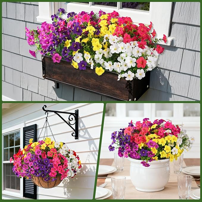 INQCMY Artificial Fake Flowers for Outdoor Spring Decoration,12 Bundles Faux Silk Colorful Morning Glory with Eucalyptus UV Resistant Realistic Fake Plants for Outside Planter Porch Patio Yard Garden