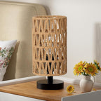 Fenmzee Small Table Lamp for Bedroom - Inline Control, Bedside Lamp with 3000K A15 LED Blub, Easy Assembly（Rattan Rope Shade-Black Base，9" Inline Control）