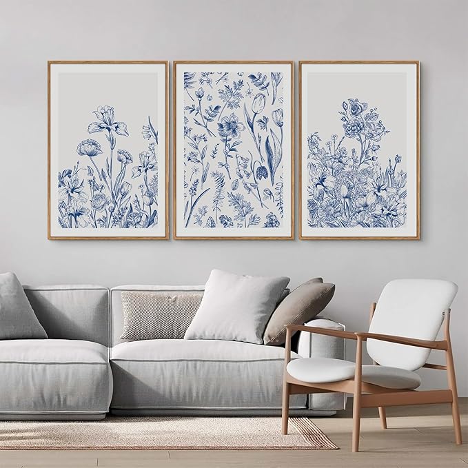 SIGNINART Classic Chinoiserie Framed Canvas Wall Art Set, Blue and White Floral Art Painting, Minimalist Botanical Flower Artwork, Navy Blue Wall Decor for Bedroom, Living Room, Office 24"x36"x3