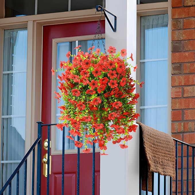 Artificial Fake Hanging Plants Flowers Baskets for Outdoor Outside Spring Decor,Faux Silk Daisy UV Resistant Look Real Summer Decorations for Home Porch Patio Yard Garden(Red