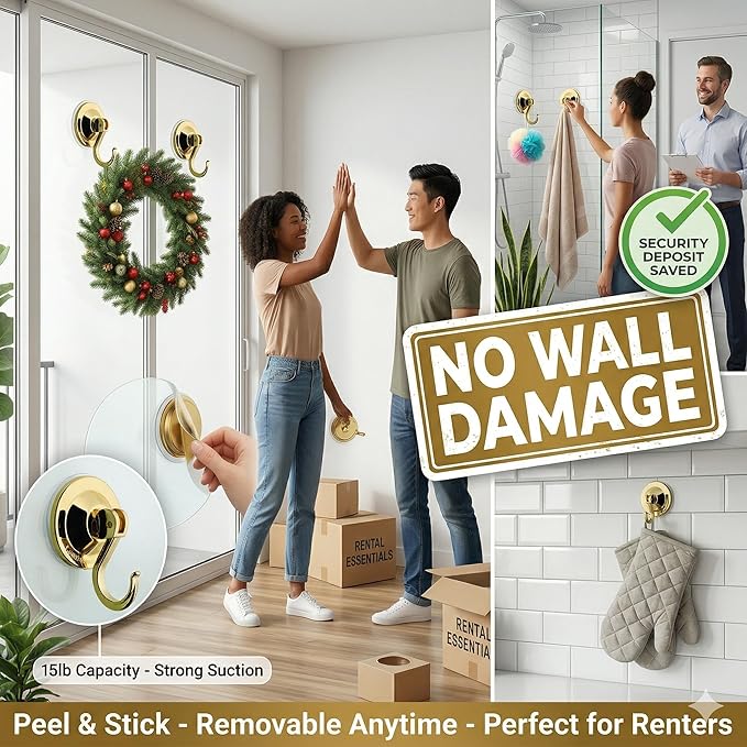 Powerful Suction Cup Hooks, Lightweight Vacuum Wreath Hanger for Glass Door & Window, 20 lbs Large Waterproof Towel Hooks for Bathroom Shower, Removable No-Drill Utility Hooks, Gold Chrome
