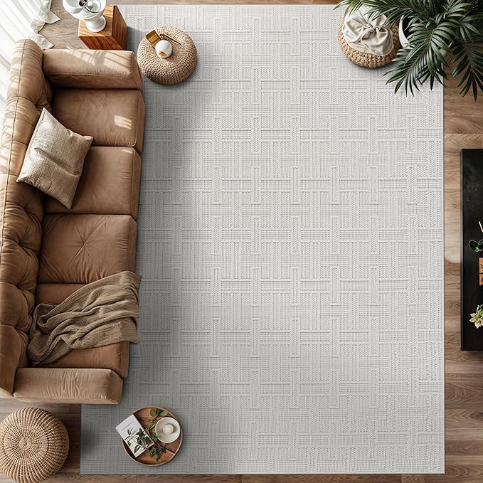 Micro Loop Indoor Rug White 8x10 Boho Geometric Neutral Area Rugs for Living Room Soft Luxury Modern Low and High Pile Durable Stain Resistant Non-Shedding Indoor Area Carpet 8 x 10