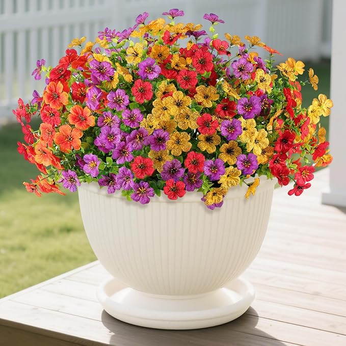 Artificial Faux Flowers Plants for Outdoors Outside Spring Summer Decoration,12 Bundles Silk Daisy Realistic Fake Flowers Plants Greenery UV Resistant for Planters Porch Patio Front Yard(4 Multicolor)