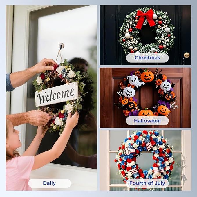 OUTXE Wreath Hanger for Front Door, Upgraded Suction Cup Reef Hook for Glass Window/Over Door, Christmas/Thanksgiving/Halloween/July 4th/Easter/Valentine/Spring/Summer/Fall (Walnut, 2-Pack)