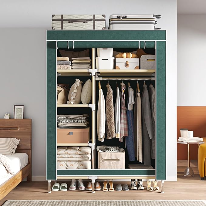 Portable Wardrobe, Simple Wardrobe, with 5 Shelves, Hanging Rod and Non-Woven Fabric Cover, Suitable for Small Spaces.(Green, 41.3 in)