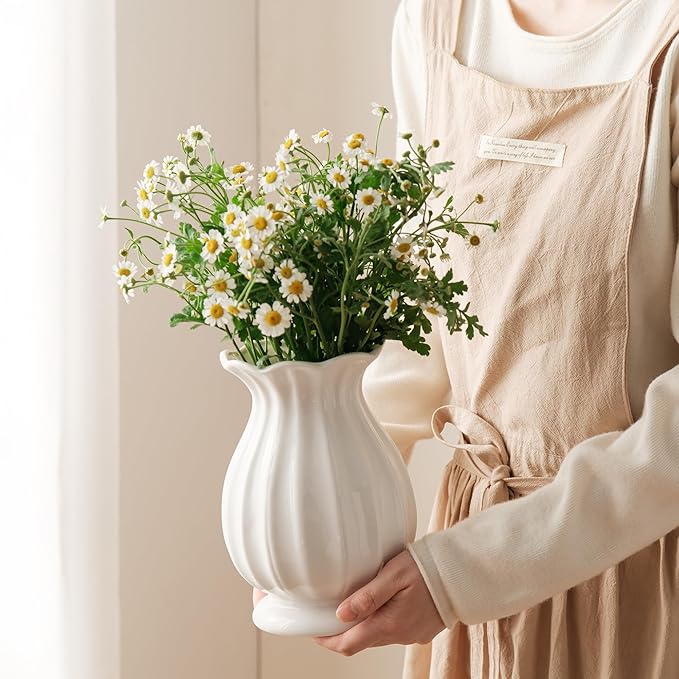 White Ceramic Vase, 7.8 Inch Flower Vase Home Decor Modern Decorative Vases for Bouquet, Unique Vases for Farmhouse Living Room Cabinet Table Centerpieces Wedding Decorations