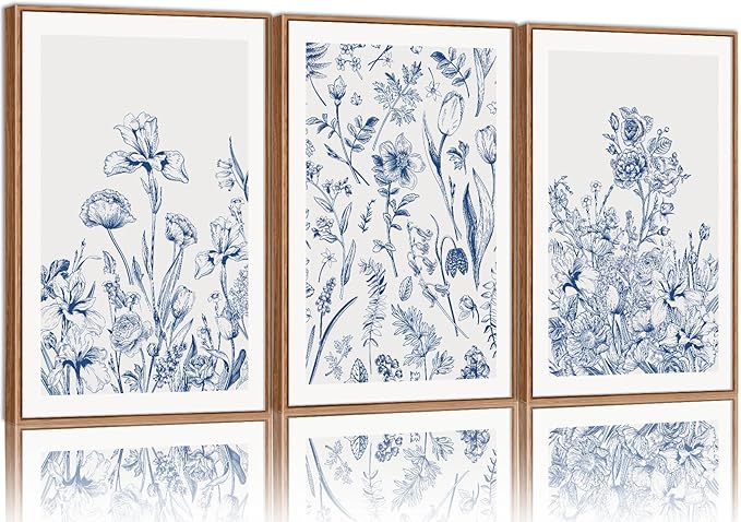 SIGNINART Classic Chinoiserie Framed Canvas Wall Art Set, Blue and White Floral Art Painting, Minimalist Botanical Flower Artwork, Navy Blue Wall Decor for Bedroom, Living Room, Office 24"x36"x3