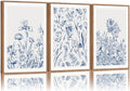 SIGNINART Classic Chinoiserie Framed Canvas Wall Art Set, Blue and White Floral Art Painting, Minimalist Botanical Flower Artwork, Navy Blue Wall Decor for Bedroom, Living Room, Office 24"x36"x3