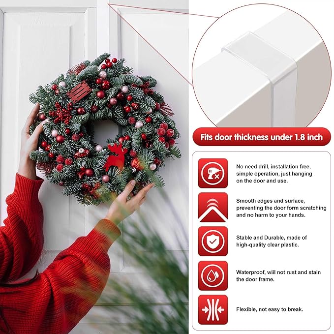 15" Clear Wreath Hangers - Non Scratch Over The Door Hanger Hooks, Wreath Door Hanger - Easter, Fall, Halloween, Christmas Decorations - Indoor/Outdoor - Welcome Sign - 1 Pack