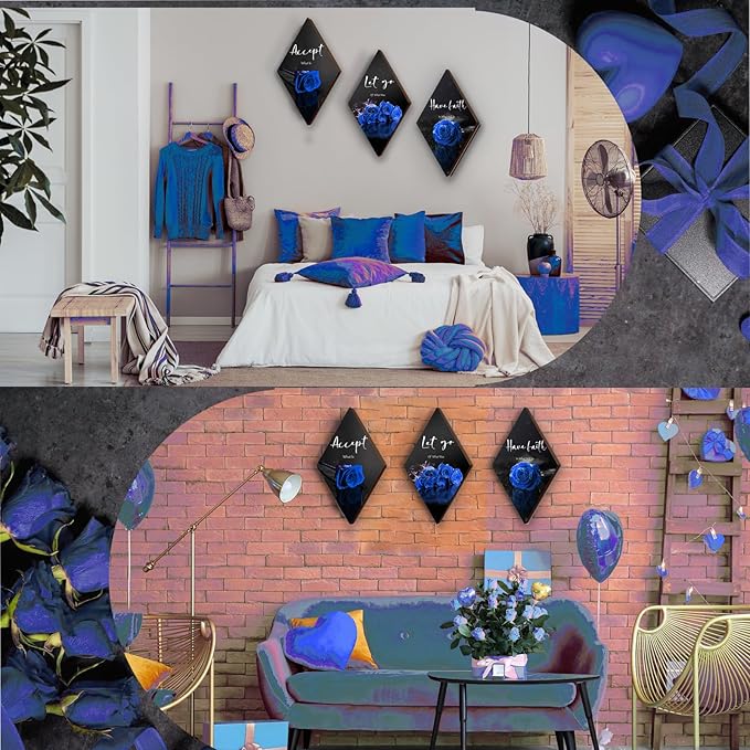 ZINYAZHE 3 Pcs Blue Bathroom Decor Rose Bedroom Wall Decor Farmhouse Inspirational Wood Office Wall Art with Accept Let Go Have Faith Sign for Girl Women Living Room(Blue Rose 12 x 7 Inch)