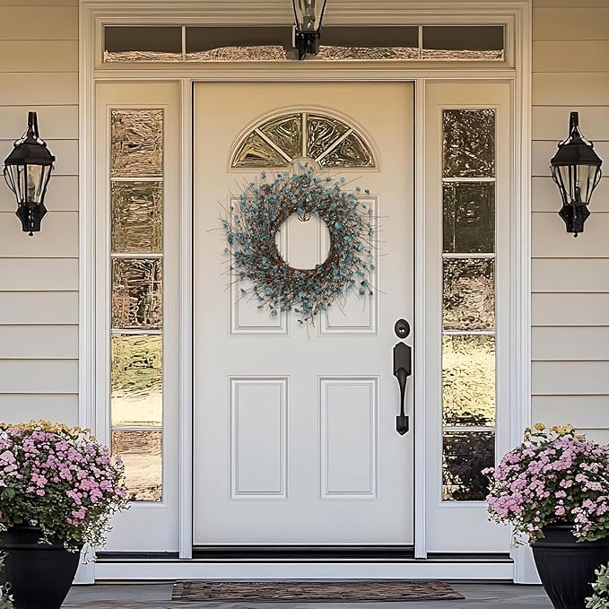 Blue Wildflower Wreath with Berries, 26 Inch Handmade Spring Summer Decoration for Front Door Wall Wedding Party, Indoor/Outdoor Artificial Floral Wreath (Navy Blue)