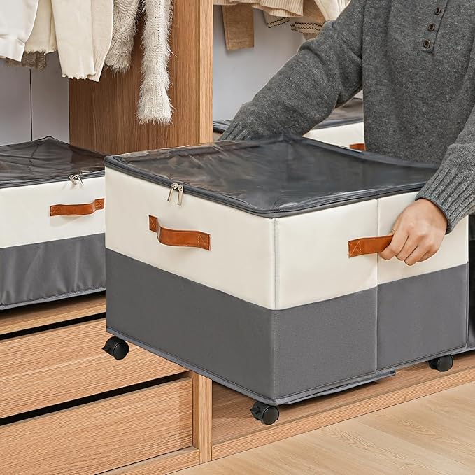 2 Pack Shoe Organizer for Closet,Shoe Storage Organizer with Wheels, Fits up to 32 Pairs,Adjustable Dividers,Fabric Shoe Storage Bins with Clear Cover,Beige and Grey