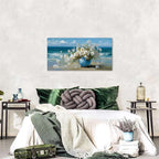 AIYISU Vintage Flowers Canvas Wall Art White Blossom Painting Retro Flowers in Blue Vase Pictures Blue Ocean Coastal Landscape Prints Poster Floral Artwork for Bathroom Bedroom Home Decoration 20x40