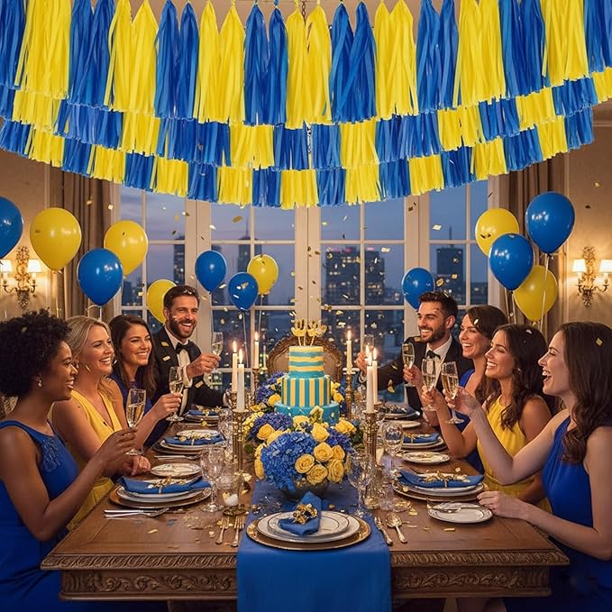 Yellow and Navy Blue Paper Tassel Garland,Tissue Tassel Banner for Party Decorations,Pack of 20