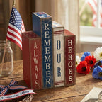 Lineshading 4 Pcs 4th of July Table Decoration Wooden Book Always Remember Our Heroes America Decor Patriotic Tiered Tray Decor Red White Blue Memorial Day Block Signs for 250th Anniversary Home Shelf