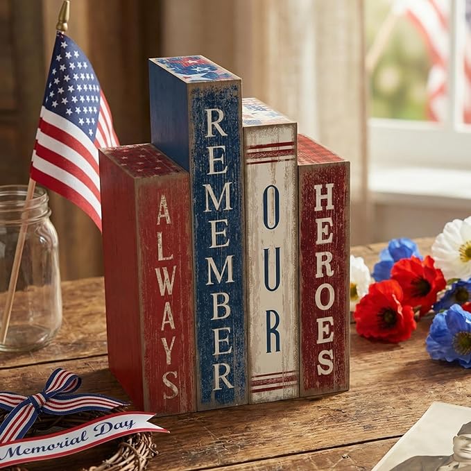 Lineshading 4 Pcs 4th of July Table Decoration Wooden Book Always Remember Our Heroes America Decor Patriotic Tiered Tray Decor Red White Blue Memorial Day Block Signs for 250th Anniversary Home Shelf