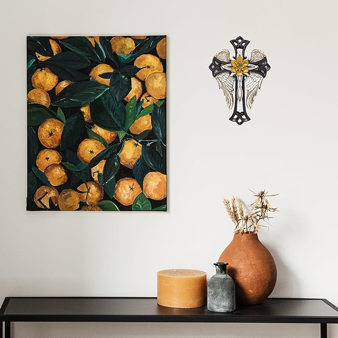 Angel Wings Cross with Flower – Decorative Resin Wall Cross with Elegant Design – Religious Home Décor for Prayer Room or Living Room – Ideal Gift for Birthdays, Christmas, and Special Occasions