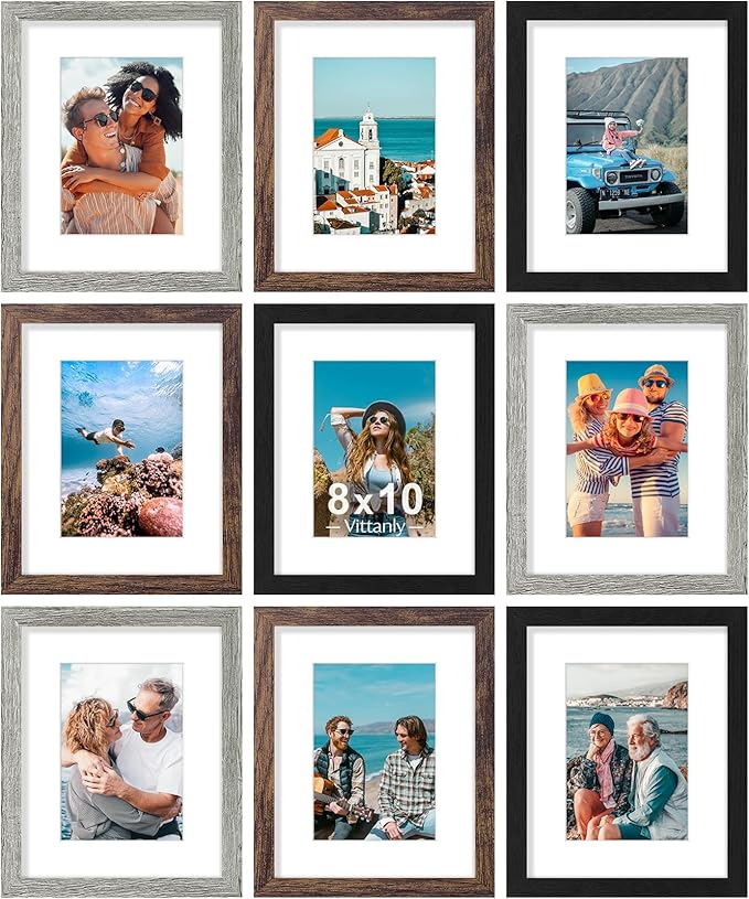 Vittanly 8x10 Picture Frames Set of 9, Display 5x7 Pictures with Mat or 8x10 without Mat, Photo Frames for Wall or Tabletop with Plexiglass, Engineered Wood, Black&Brown&Grey