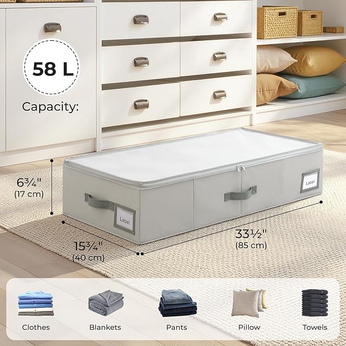GRANNY SAYS 6.5-Inch Foldable Underbed Storage Box with Lid, Sturdy Frabic Organizer with Reinforced Bottom for Clothes, Shoes, Low-Profile Underbed Container for Bedroom, Closet,2 Pack, Grey