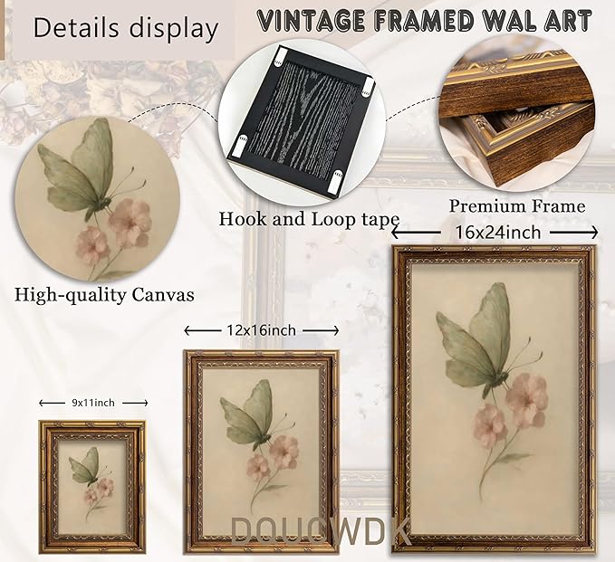 Vintage Gold Framed Wall Art, Retro Butterfly and Pink Flower Oil Painting Canvas Prints, Beige Insect Picture, Rustic Farmhouse Moth Cottagecore Poster Artwork for Living Room Bedroom Bathroom