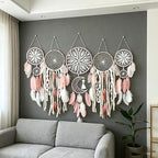 Set of 5 Boho, Hanging Large Boho Dream Catcher Wall Hanging Moon Dream Catcher Set Dream Catchers Wall Decor for Vintage Wedding Home Decorations (Pink)