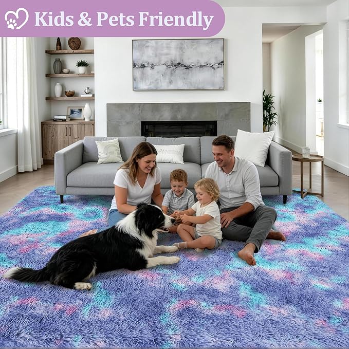 Fluffy 5x7 Area Rugs for Living Room Bedroom: Ultra Soft Shag Rug Non-Slip Non-Shedding Small Plush Bedside Rug Indoor Floor Carpets for Kids Room Playroom Entryway Nursery Dorms Home Rainbow Purple
