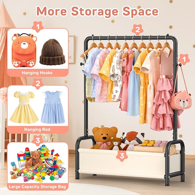 Kids Clothing Rack with Storage Shelf, Kids Dress Up Storage for Coats, Small Baby Garment Rack for Hanging Clothes, Toddler Wardrobe Closet Organizer (Classic, Black)