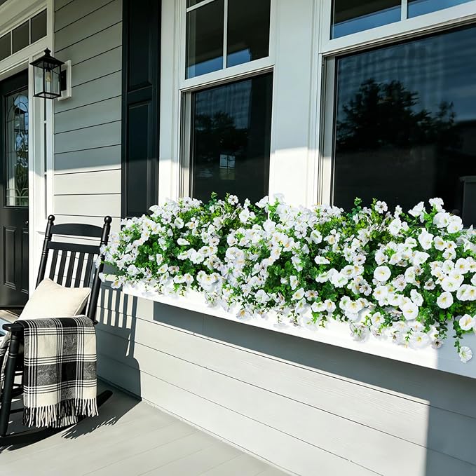 Artificial Flowers for Outdoors Faux Plants Outside Indoor,Realistic UV Resistant Silk Fake Daisy Petunias for Home Patio Garden Back Yard Front Poch Decor Spring Summer(12 Bunches,White)
