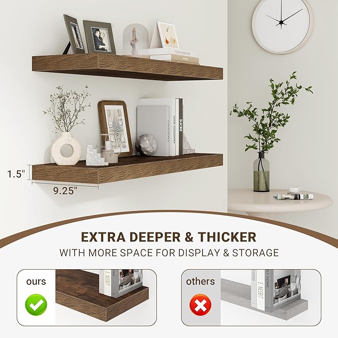 Acovy 24 Inch Floating Shelves, 3D Textured 24"x9.25"x1.5" Inch Deep Floating Shelves for Wall, Wooden Shelves for Bathroom, Bedroom, Living Room, Brown, 2 Pieces