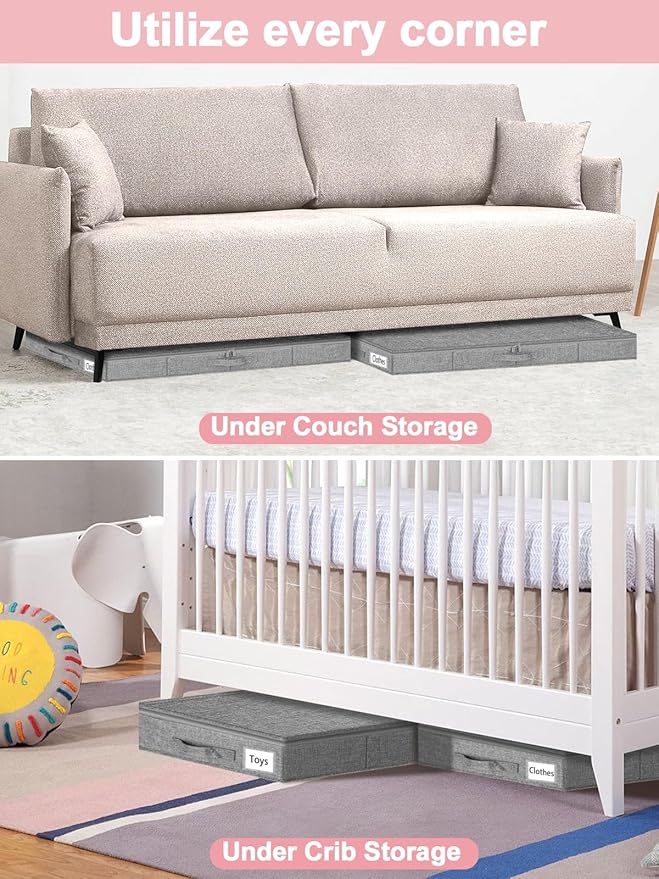 4-Inch Tall Under Bed Storage Container, Low Profile Underbed Storage Bin w/Rigid Sidewalls & Bottom, Shallow Storage Organizer with Lid for Couch, Sofa & Crib, 2-Pack, 33.5 x 16 x 4 Inch, Gray