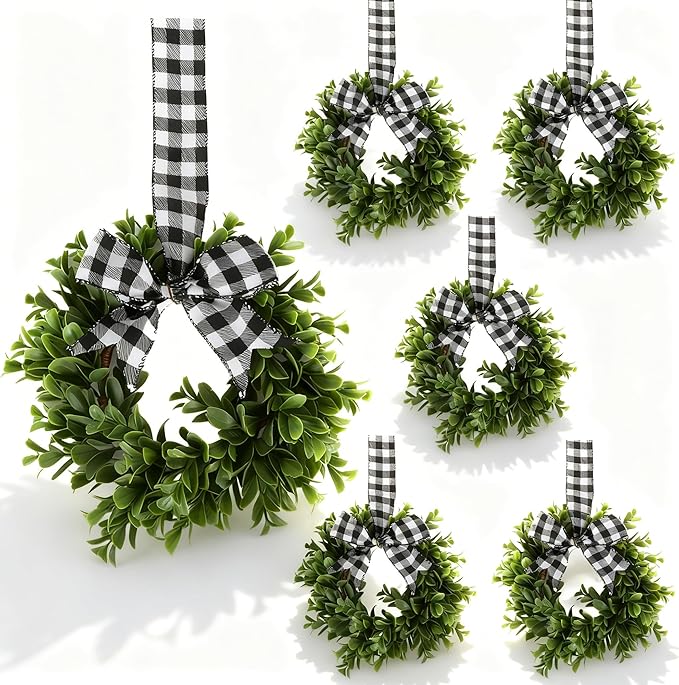 Mini Eucalyptus Wreaths for Kitchen Cabinets, Small Farmhouse Greenery Wreath Candle Rings with Buffalo Check Bow, Realistic Boxwood Leaf Wall Window Indoor Outdoor Decor, UV Protected