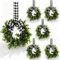 Mini Eucalyptus Wreaths for Kitchen Cabinets, Small Farmhouse Greenery Wreath Candle Rings with Buffalo Check Bow, Realistic Boxwood Leaf Wall Window Indoor Outdoor Decor, UV Protected