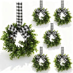 Mini Eucalyptus Wreaths for Kitchen Cabinets, Small Farmhouse Greenery Wreath Candle Rings with Buffalo Check Bow, Realistic Boxwood Leaf Wall Window Indoor Outdoor Decor, UV Protected