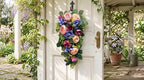 Svndlyn 24 Inch Pre-lit Peony & Rose Floral Swag for Front Door - Teardrop Spring Wreath with Timer, 20 LED Lights, Pink & Purple Vertical Wall Decor for Front Door,Wedding (Battery Operated)