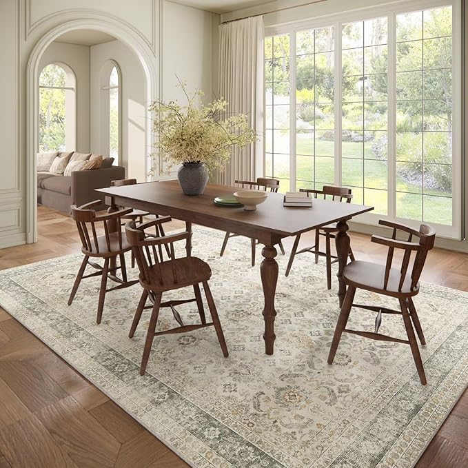 Washable 8x10 Area Rugs for Living Room, Boho Non-Slip Vintage Distress Large Rugs for Bedroom Dining Room Nursery Office, 0.3" Neutral Oriental Throw Thin Carpet, Grey/Beige/Orange/Multi