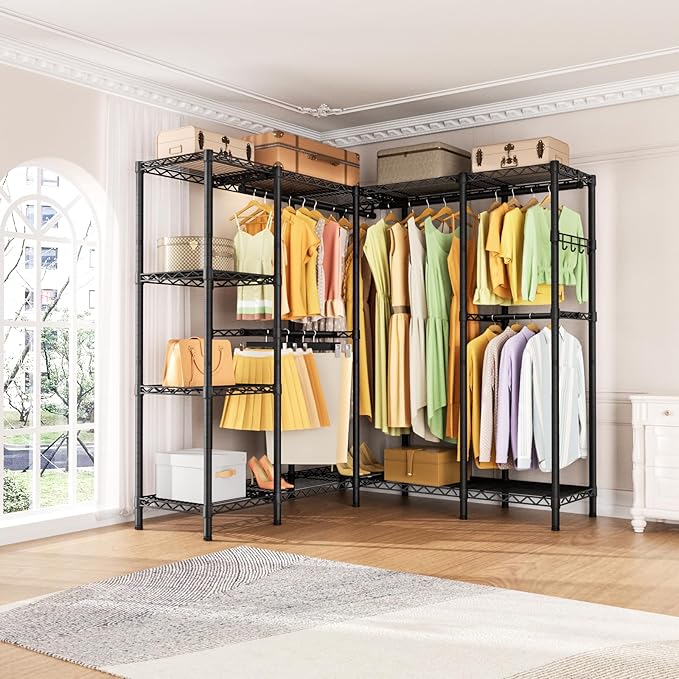 Heavy Duty Garment Rack Clothes Rack,Large Metal Closet Organizer System Storage Wardrobe,Freestanding Clothing Rack with Adjustable Wire Shelves& Hang Rods,MaxLoad 1100lbs