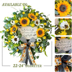 Spring Wreaths for Front Door 24 Inch Handmade Spring Summer Wreath with Artificial Sunflowers,Welcome Message Sign & Elegant Bow and White Yellow Daisy Wildflowers for Home,Porch&Gift Giving