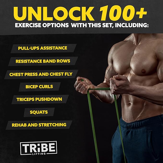 Tribe Lifting Resistance Bands for Working Out Men and Women - Set of 5 Pull Up Bands for Strength Training, Exercise Bands with Handles, Door Anchor and Bar Options for Home Gym