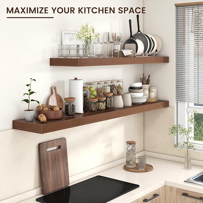 Venusmiles Floating Shelves for Wall, 72 Inch Wide x 12 Inch Deep Floating Shelves, Long Wood Floating Wall Shelf Shelves for Living Room Bathroom Bedroom Kitchen Home - (Walnut, 72" W x 12" D x 2" H)