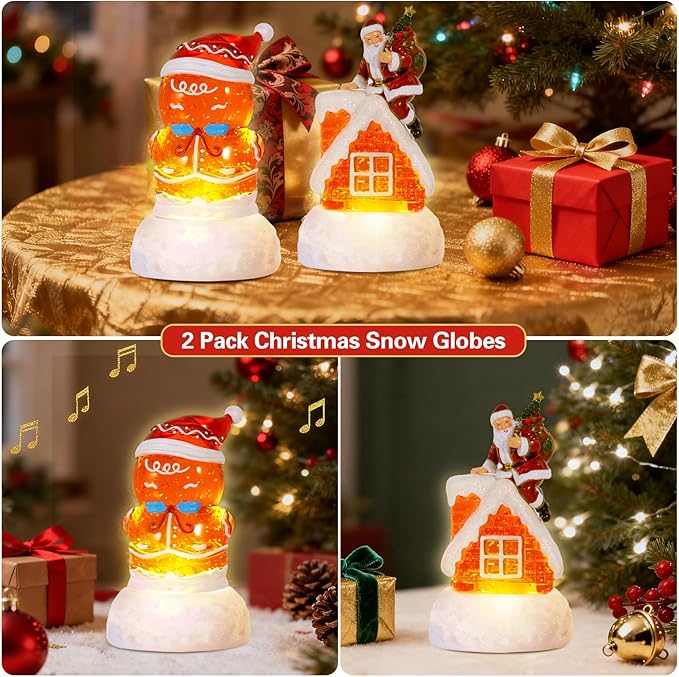 2 Pack Christmas Snow Globes Gingerbread Man and Santa with 8 Songs Music and 6H Timer USB & Battery Powered Snow Water Globe Swirling Glitter for Holiday Decorations Gifts (Gingerbread Man and Santa)