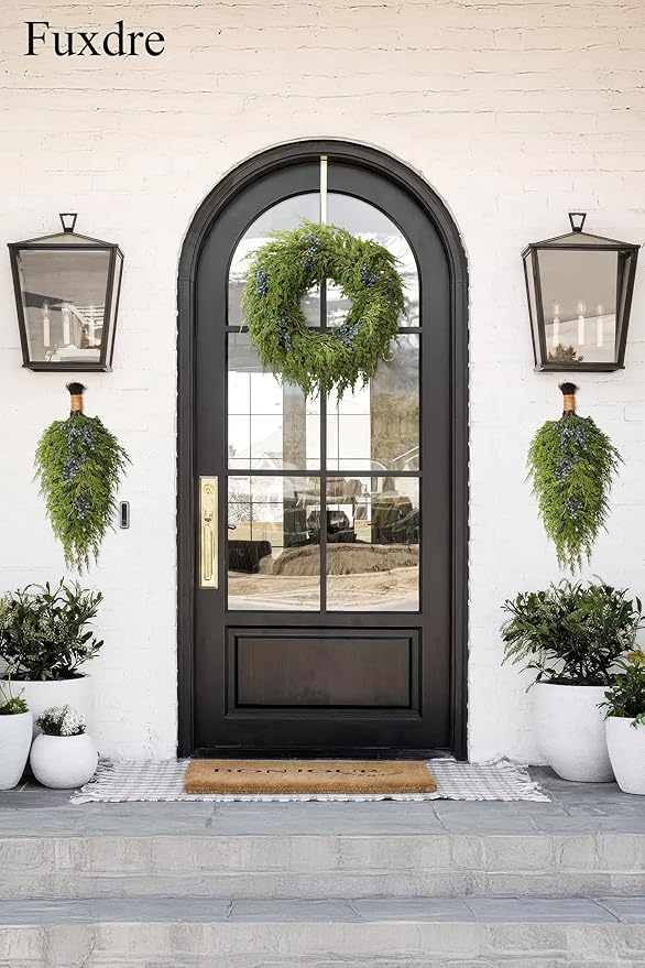 20" Christmas Artificial Juniper Swag Blueberries Teardrop Front Door Decoration Pine Cedar Real Touch Xmas Faux Evergreen Juniper Swag with Hanging Ring for Windows Wall Stair Outdoor Decor