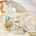 Aoriher 4 Pcs Crystal Glass Candy Jar Set with Lids Home Decorative Storage Jars for Apothecary, Bathroom, Kitchen, and Pantry, Ideal for Cotton Swabs and Jewelry(Large,Clear)