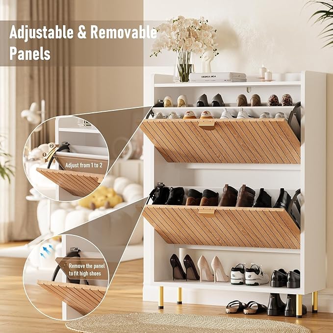 46'' Tall Shoe Storage Cabinet with 2 Flip Drawers, 7-Tier Hidden Shoe Organizer, Narrow Shoe Rack Cabinet, Freestanding Organizer for Entryway/Hallway/Closet, Wood