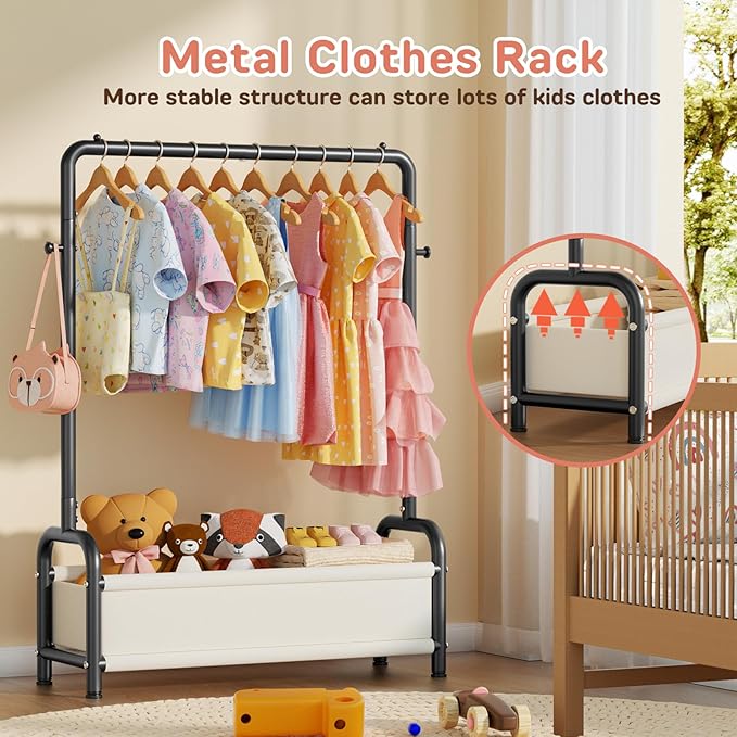 Kids Clothing Rack with Storage Shelf, Kids Dress Up Storage for Coats, Small Baby Garment Rack for Hanging Clothes, Toddler Wardrobe Closet Organizer (Classic, Black)