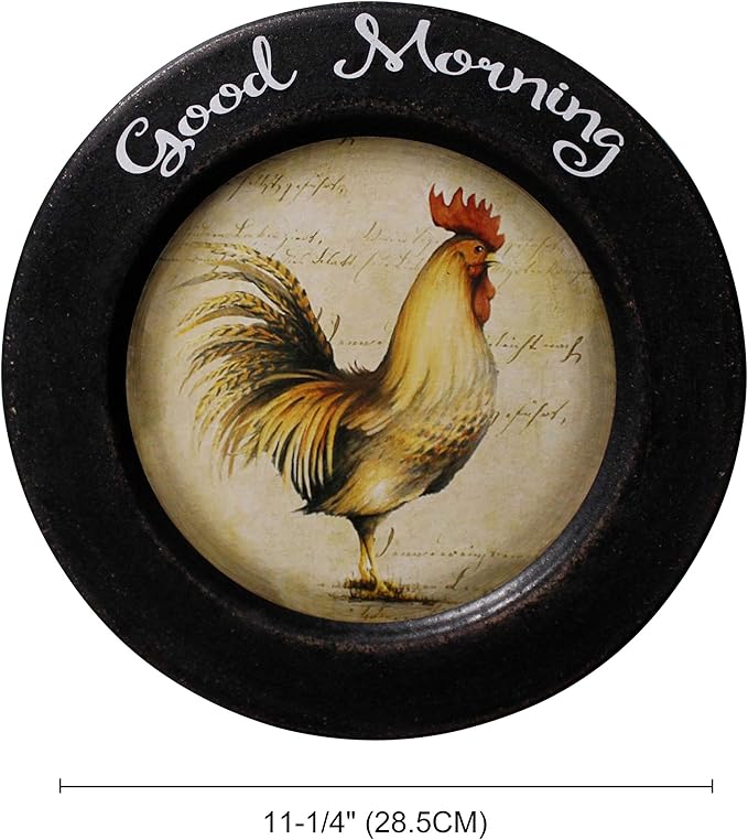 CVHOMEDECO. Rooster Decorative Plate Country Distressed Round Display Wooden Plate Home Décor Art, 11-1/4 Inch